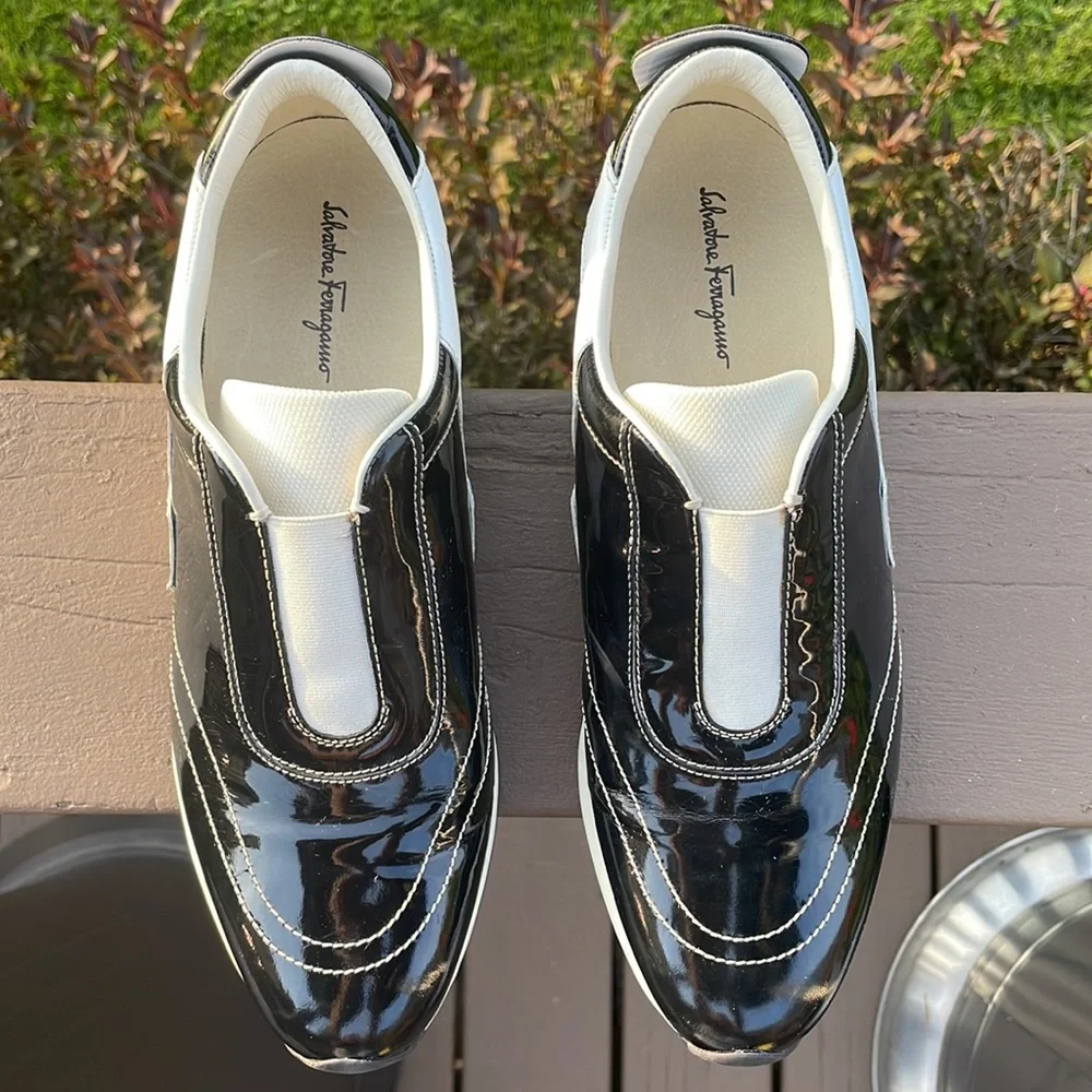 Salvatore Ferragamo Black Patent and White Leather Slip On Sneaker Shoes 10 B - Picture 8 of 16